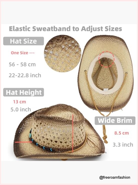 Straw Cowboy Hat Unisex Breathable Western Cattleman Style Sun Protection